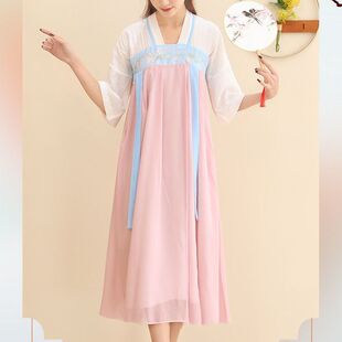 改良汉服连衣裙夏季新款女学生绣花古风古装仙女高腰中袖雪纺长裙