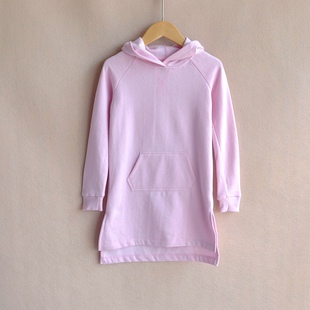 女童中长款卫衣春秋修身连帽上衣中小童女孩加薄绒套头纯色外套冬