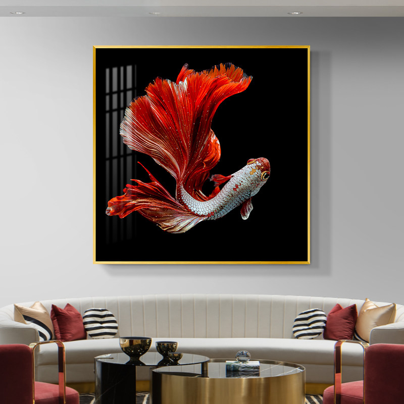 红色鱼画 画镶钻晶瓷画 画轻奢壁画 画斗鱼走廊过道饭厅挂画 画入