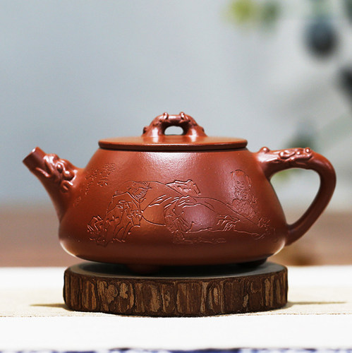 张义制陶复古朱泥宜兴紫砂壶刻绘
