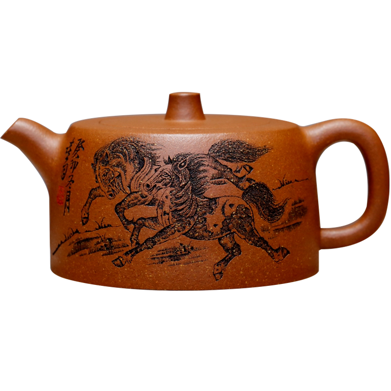 张义制陶手工刻绘降坡泥紫砂茶具