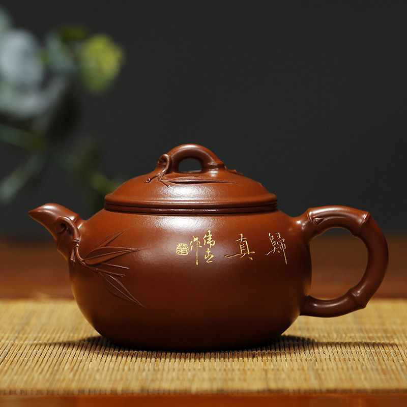 可议价竹节/竹鼓原矿朱泥国工蒋伟杰 纯全手工刻绘正品宜兴紫砂壶