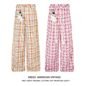 ARESO美式 慵懒小众长裤 复古星星粉色格纹休闲裤 女垂感阔腿裤