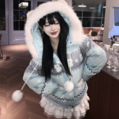 ARESO 费尔岛猫耳毛领连帽女厚棉服情侣宽松保暖外套 原创设计新款