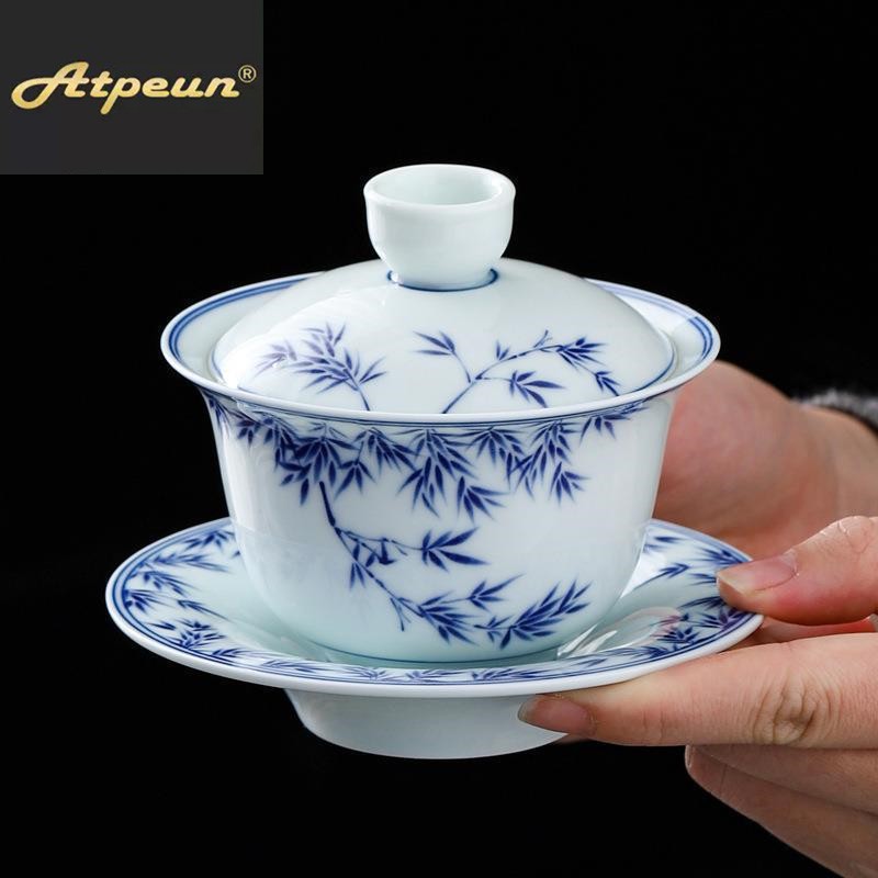 ATPEUN马蹄节节高升青花三才盖碗茶杯釉中彩陶瓷手绘山水大号泡茶