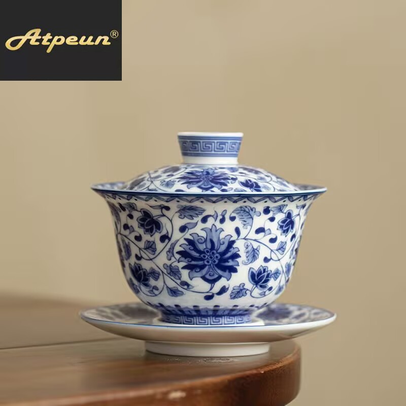 ATPEUN青花缠枝莲悬停三才盖碗家用防烫陶瓷泡茶碗功夫茶具泡茶器