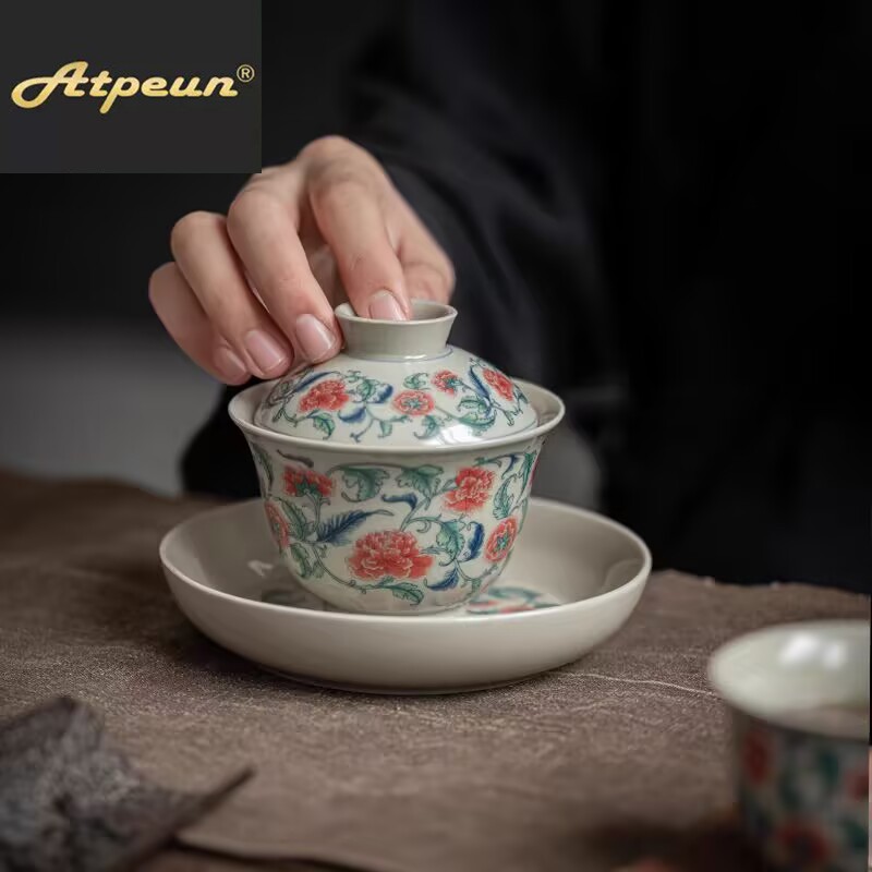 ATPEUN复古青花盖碗茶杯陶瓷功夫茶具单个壶承景德镇大号三才茶盏