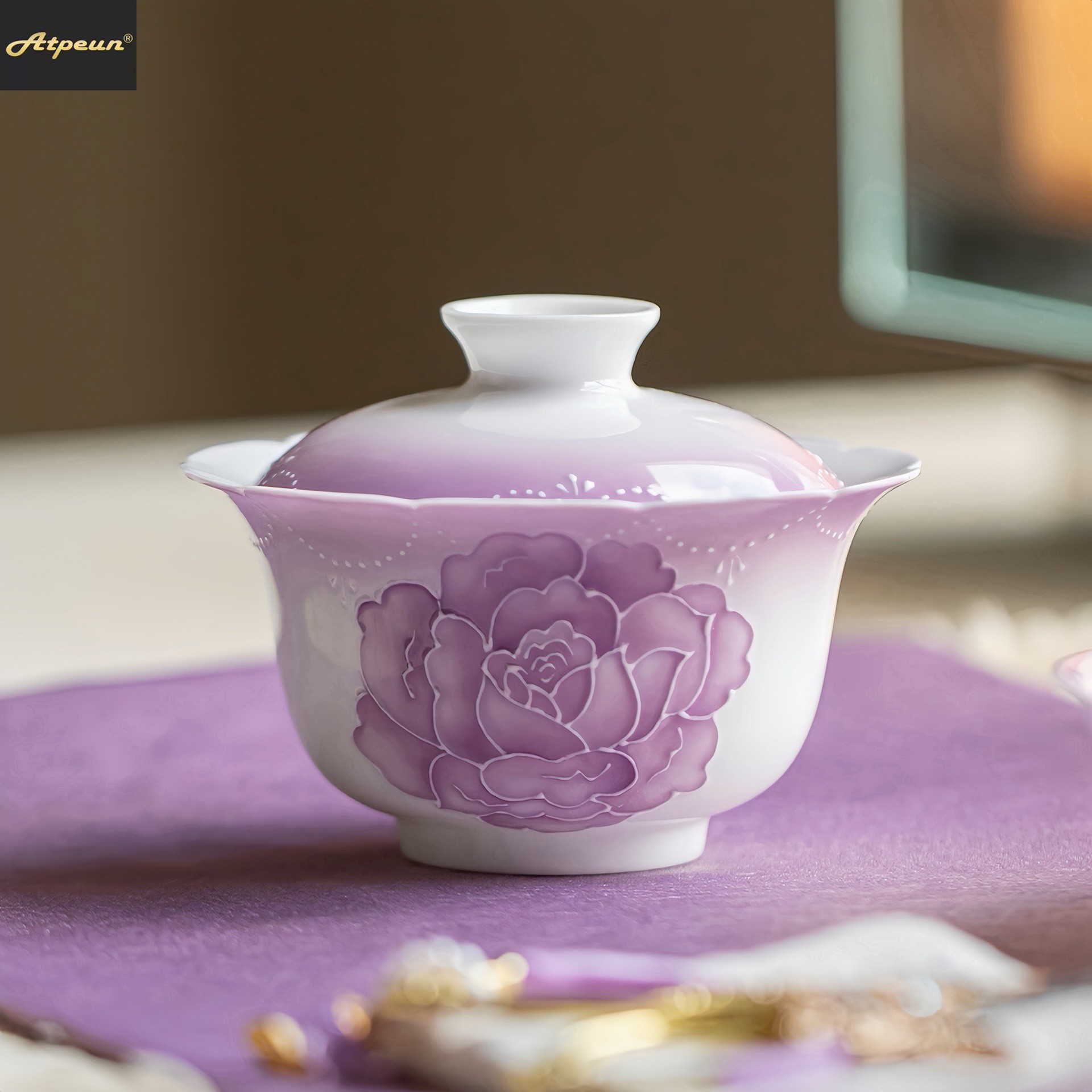 ATPEUN渐变紫纯手绘玫瑰花陶瓷盖碗茶杯功夫茶具家用花口泡茶碗手
