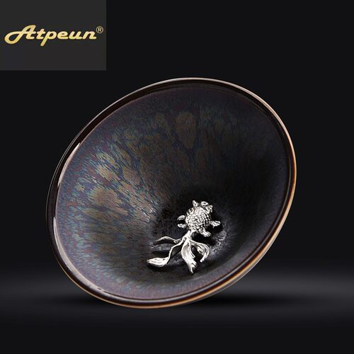 ATPEUN建盏品茗杯油滴 镶纯银鱼杯 钧瓷窑变天目釉 窑变 斗笠主人