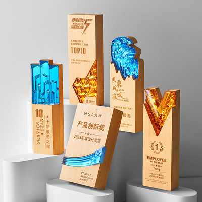 实木水晶奖杯定制创意炫彩定做年会优秀员工颁奖比赛冠军销冠订制