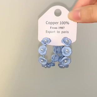 S925纯银蓝色花朵耳环女夏日海边度假风耳饰超仙气质甜美小众耳圈