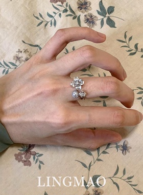 复古花朵仿施家珍珠戒指精致轻奢