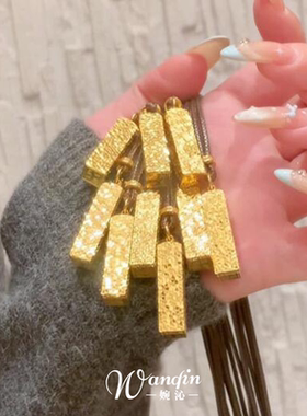 新中式碎冰冰金色砖块项链高级感