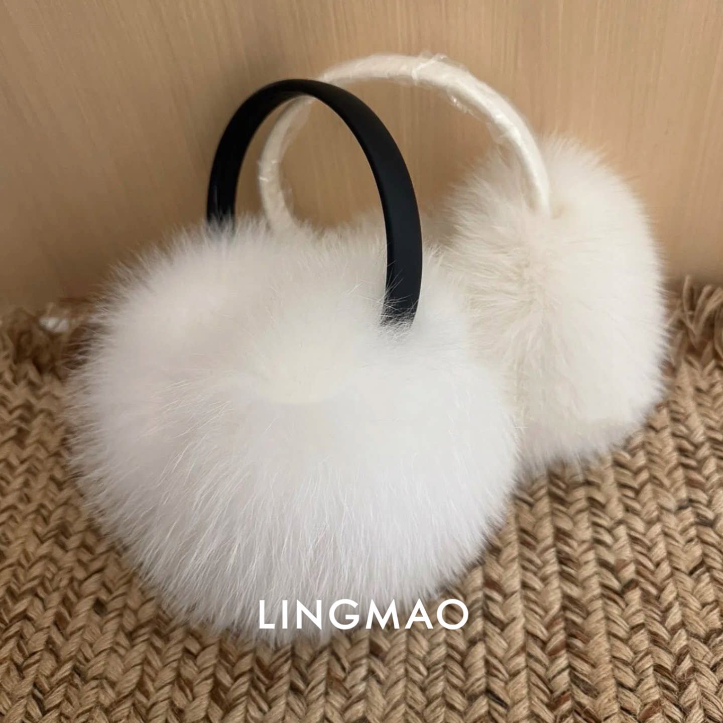 冬季新款白色仿狐狸毛黑带大号耳罩保暖毛绒护耳耳包漂亮防冻耳套