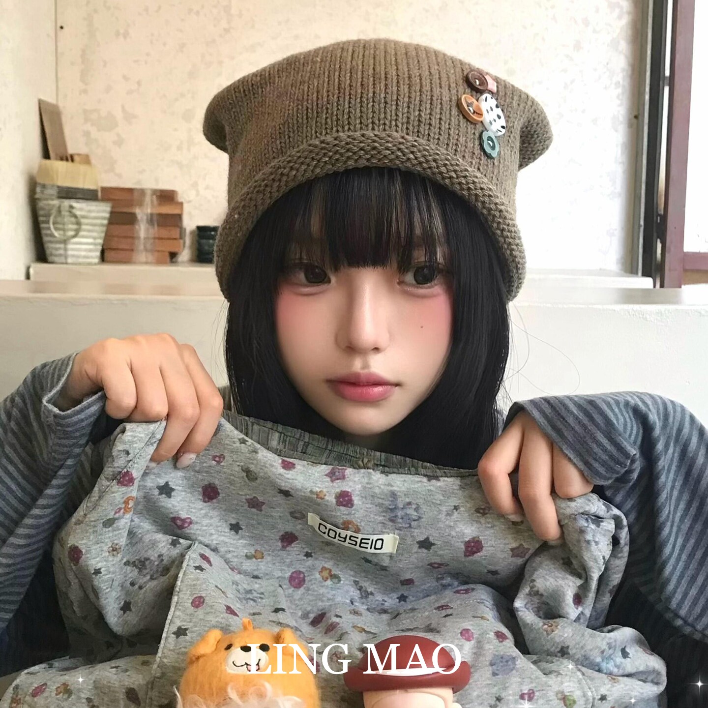 日系猫耳纽扣针织堆堆帽女秋冬季保暖甜美可爱百搭显脸小毛线冷帽