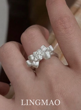 复古银色立体蝴蝶结戒指百搭气质