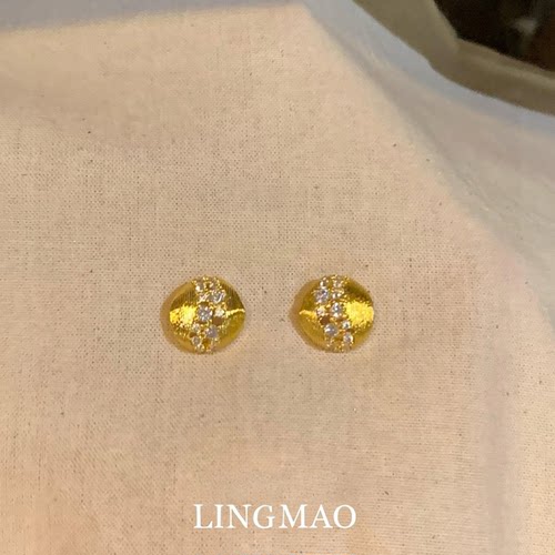 法式复古金色波浪闪钻耳钉高级感