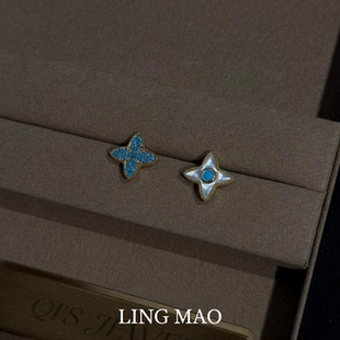 法式湖蓝色四芒星耳钉女复古小众高级感轻奢耳环精致时尚气质耳饰
