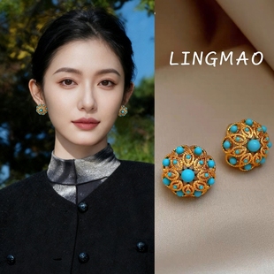 新中式仿绿松石镂空耳钉复古国风个性耳环独特小众设计高级感耳环