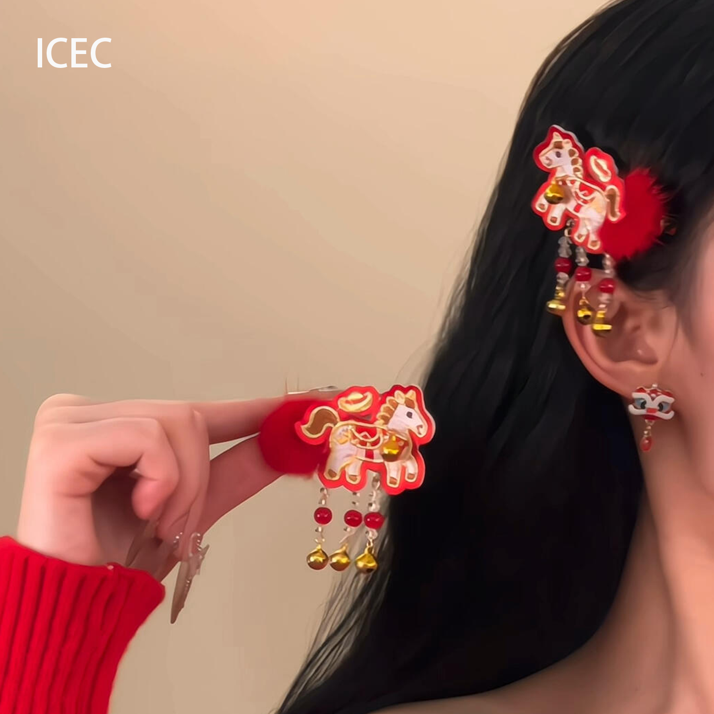 新中式刺绣小马流苏毛球发夹新年显白甜美边夹马年本命年红色发饰