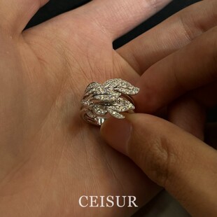 复古银色闪钻树叶戒指女款轻奢高级感食指戒小众设计叠戴指环精致