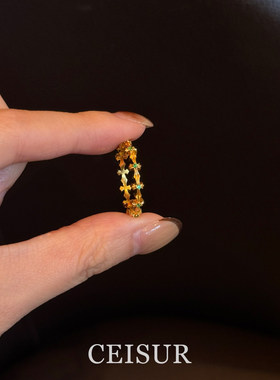 点钻绿宝金色戒指小众轻奢高级感