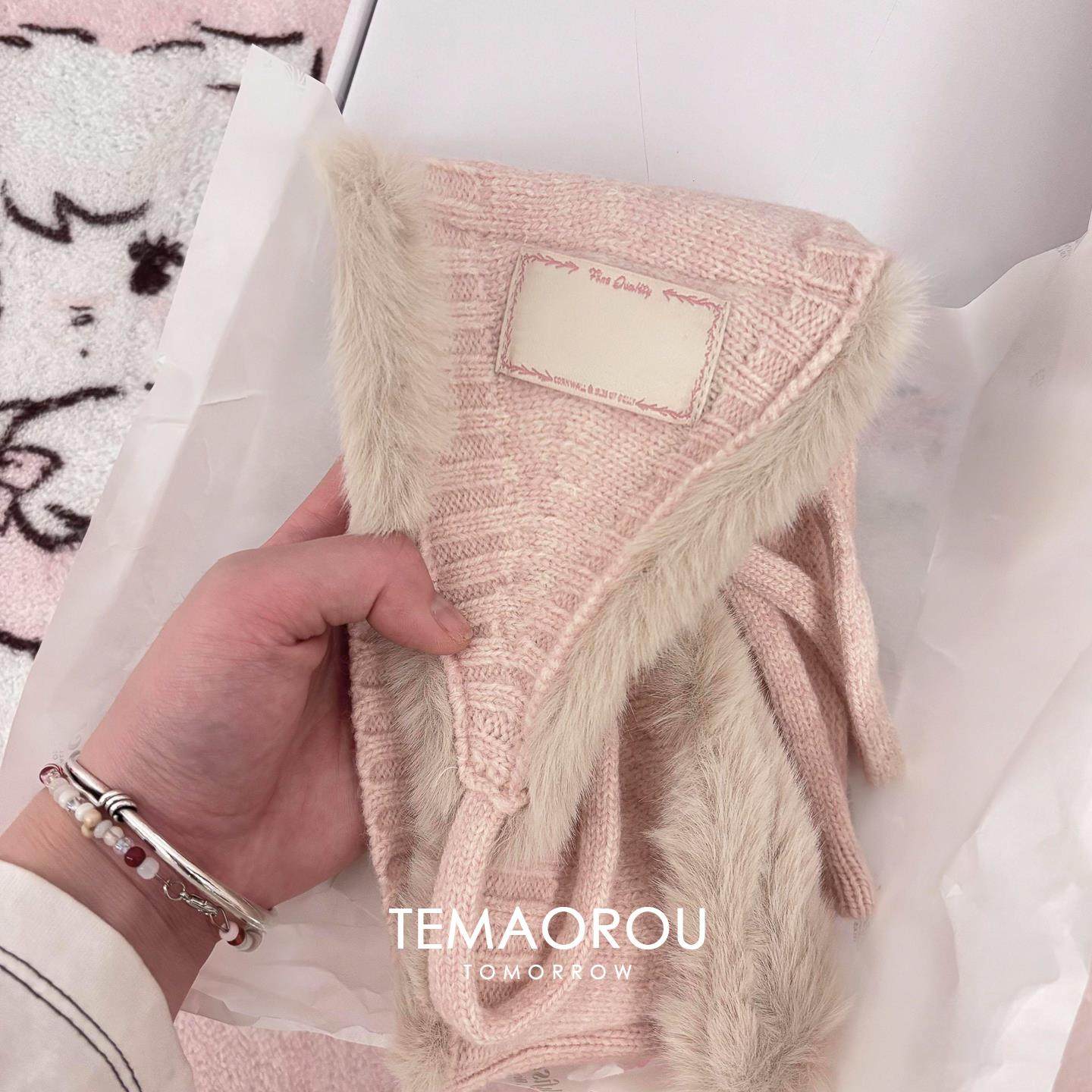 韩国软糯糯低饱和粉色针织耳罩女系带秋冬氛围保暖防寒耳套耳捂子