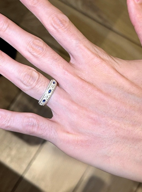 vintage中古银色仿蓝宝石戒指女