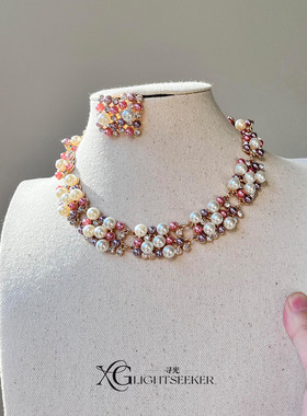 法式重工多层粉紫色仿珍珠项链女