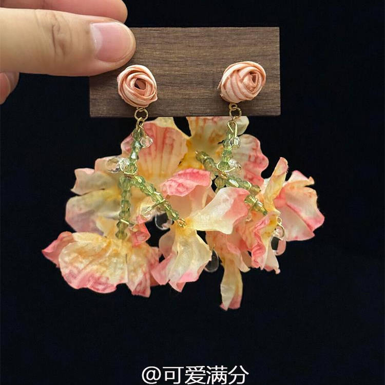 S925纯银浪漫粉色玫瑰花耳环甜美