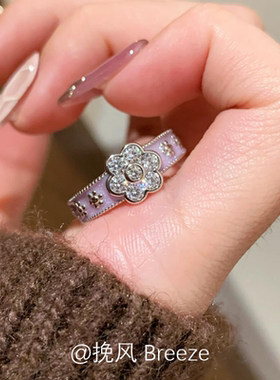 中古香芋紫色满钻花朵宽面戒指女