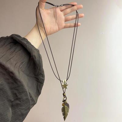 复古绿色星星树叶流苏叠戴项链女