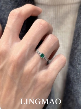 复古树叶绿色方形闪钻戒指高级感