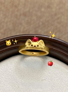 S925纯银金色小狗苹果戒指高级感