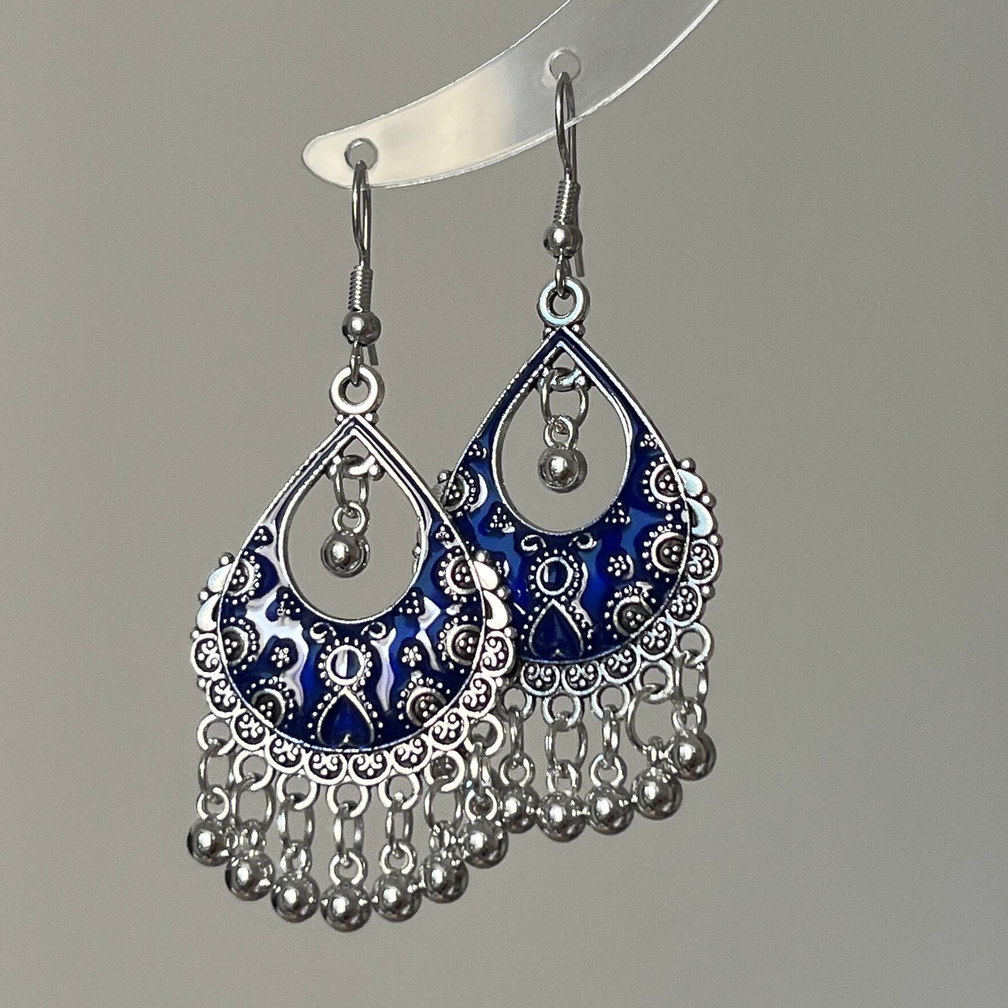 S925纯银滴油蓝花纹风铃耳环精致