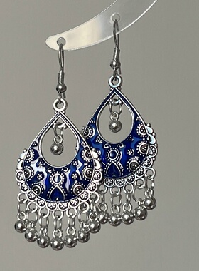 S925纯银滴釉蓝色花纹风铃耳环小众民族风精致耳钩气质独特耳饰女