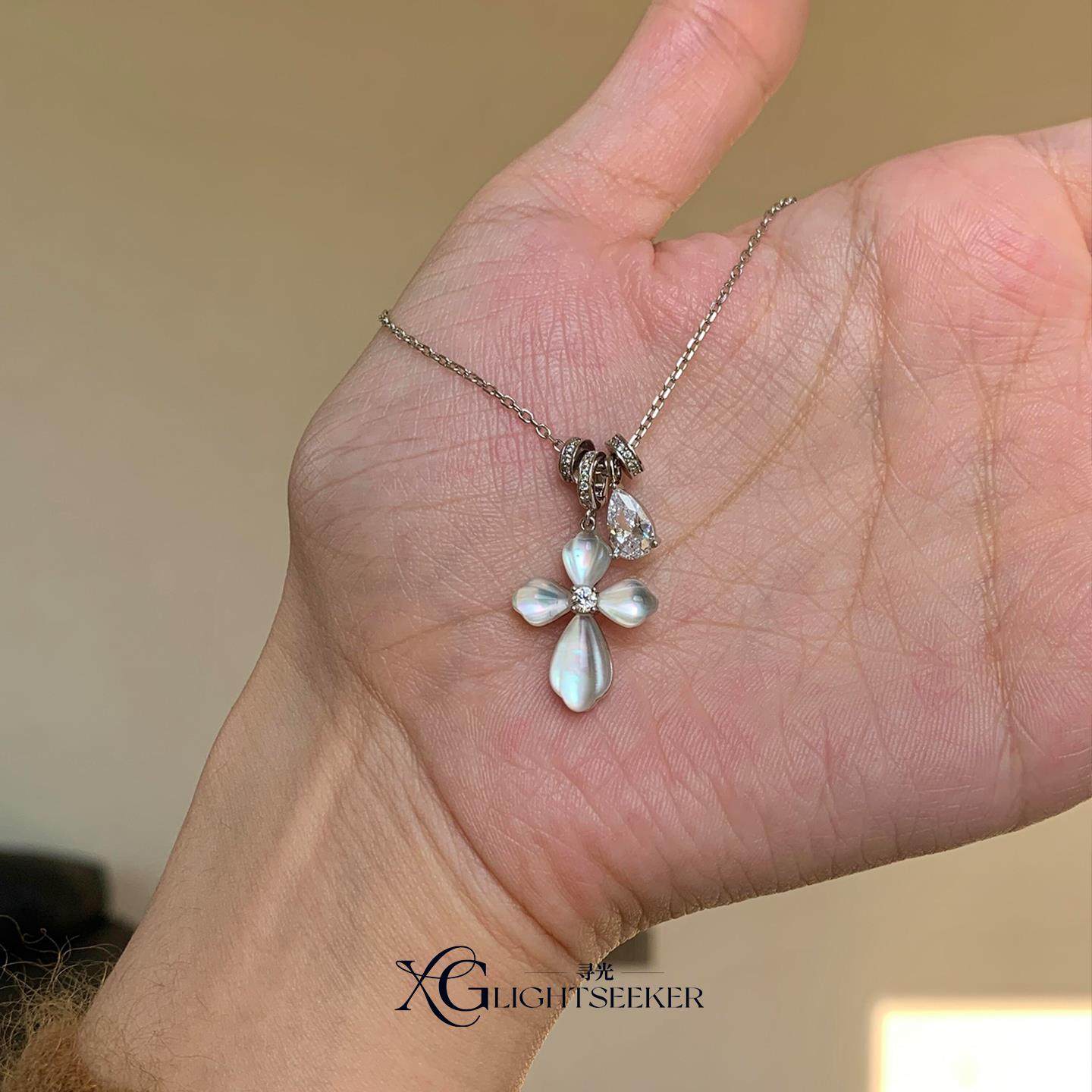 Vintage中古仿水晶十字架项链女