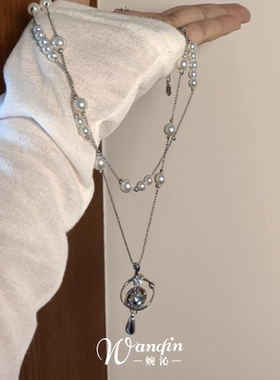 法式复古双层仿珍珠星球项链小众