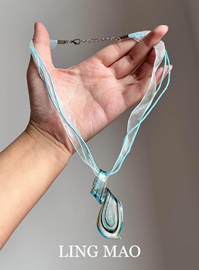 清冷感蓝色螺旋水滴项链气质甜美