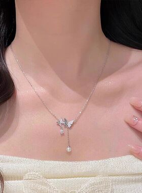 韩系清冷感银色蝴蝶仿珍珠项链女