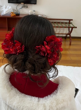 新中式红色花朵发簪发钗女新年敬酒边夹新娘婚礼配饰结婚发饰头饰