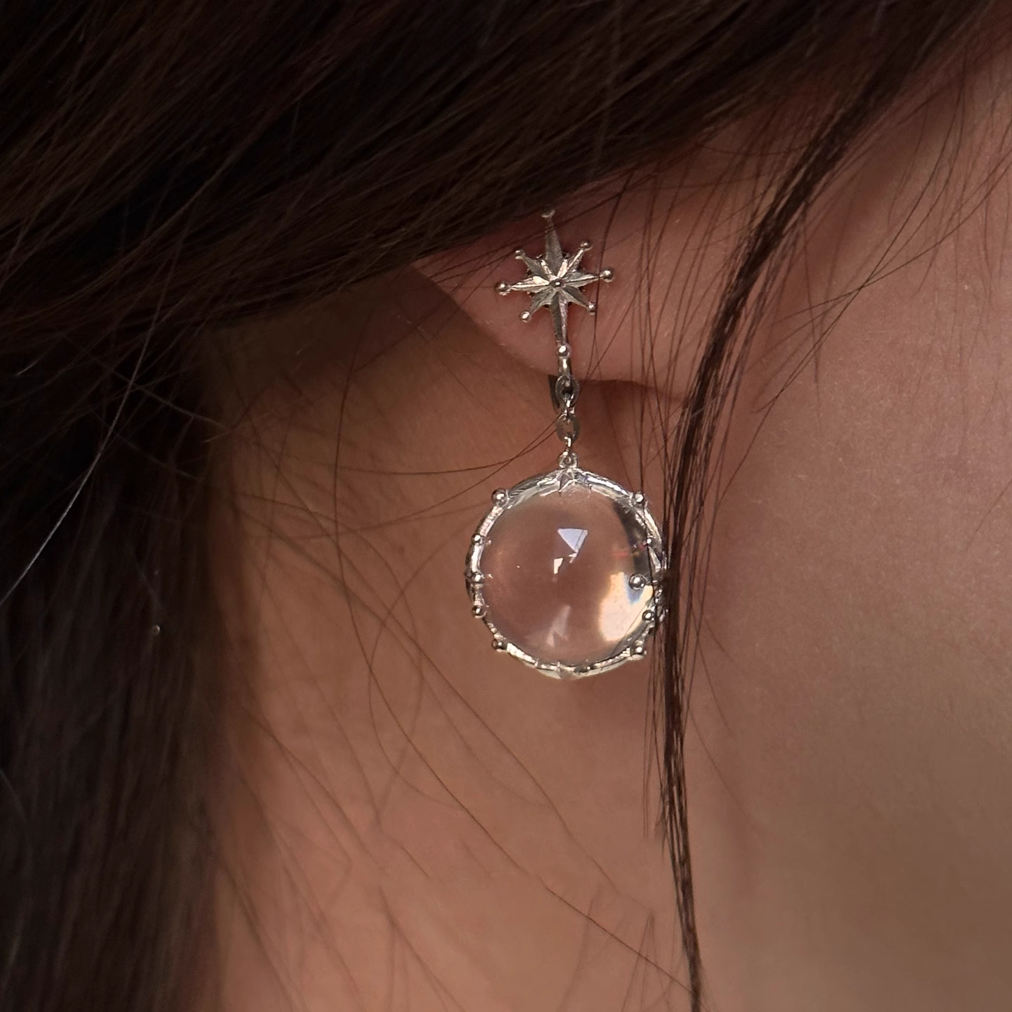 S925纯银星芒白水晶吊坠耳环精致