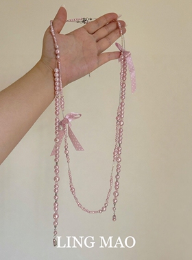 蝴蝶结粉色仿珍珠长款项链少女心