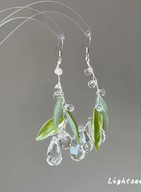 S925纯银清冷感水滴琉璃叶片耳环复古高级感气质耳饰新中式古风女