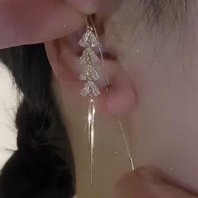 麦穗流苏耳环长款树叶耳线纯银针