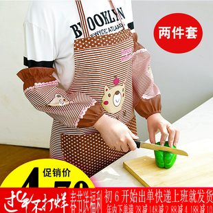 居家日用卡通小熊围裙 挂脖双插兜厨房清洁防油污长袖套围裙套装