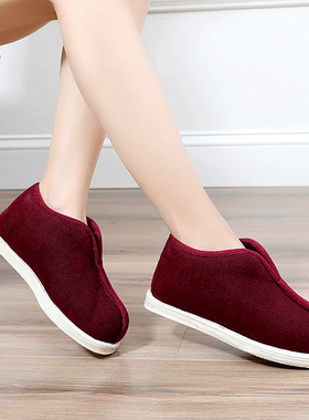 加绒河蚌棉花布鞋女酱红色套脚懒人鞋子女千层底保暖布底棉鞋女冬