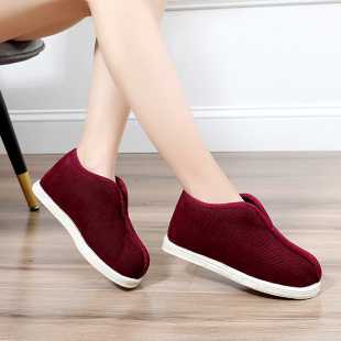 女冬 子女千层底保暖布底棉鞋 加绒河蚌棉花布鞋 女酱红色套脚懒人鞋