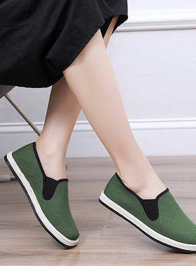 军绿色布鞋女春秋季老北京千层布底鞋子女松紧休闲透气布鞋女青年