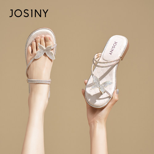 卓诗尼正品水钻蝴蝶结平底凉鞋